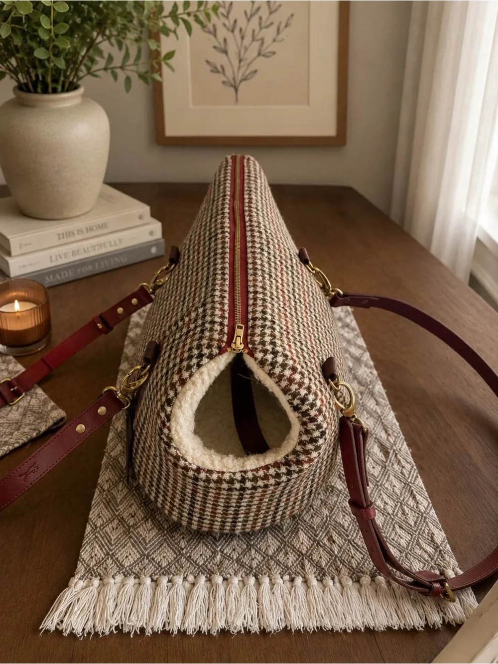 Harris Tweed Houndstooth Pet Carrier Shoulder Bag - Burgundy Trim size small